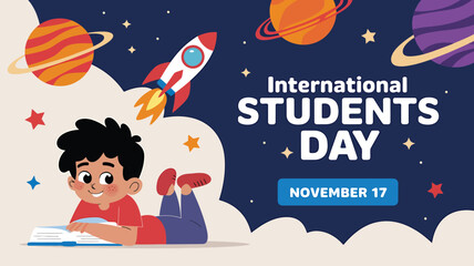 Vector art of illustration for international students day on november 17, featuring a young student reading a book with a rocket launching into space with planets and stars