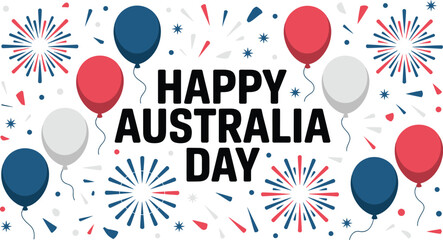 Happy Australia Day Illustration with Balloons, Fireworks, and Confetti on White Background