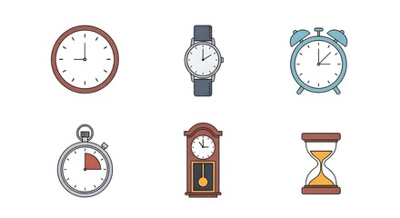 Vintage clock and timer icons set illustrating time management, productivity, and efficiency ideas for professional and creative projects.