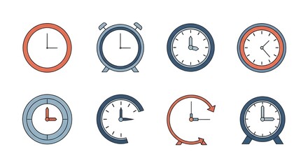 Clock and calendar icons showing time planning, schedule organization, and deadline management in flat modern vector style.
