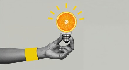 Monochrome hand presents an orange-slice bulb with bright yellow rays