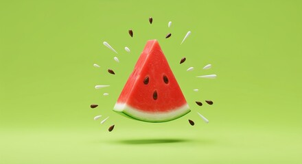 Clean 3D render of a watermelon wedge with exploding seeds