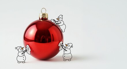 Three tiny illustrated snowmen polishing a giant red bauble for Christmas