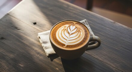 Latte Art Coffee with Wooden Table.