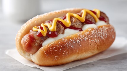 Close Up of a Gourmet Hot Dog with Mustard and Ketchup Toppings on a Toasted Bun with a White Napkin and Blurred Background