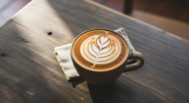 Latte Art Coffee with Wooden Table. - Powered by Adobe