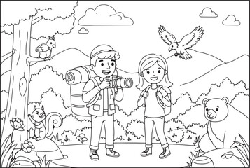 Fototapeta premium Cartoon Couple on Hiking Adventure with Wildlife, a Detailed Col