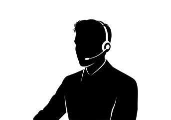 Vector silhouette of a male call center operator wearing a headset with microphone providing customer support