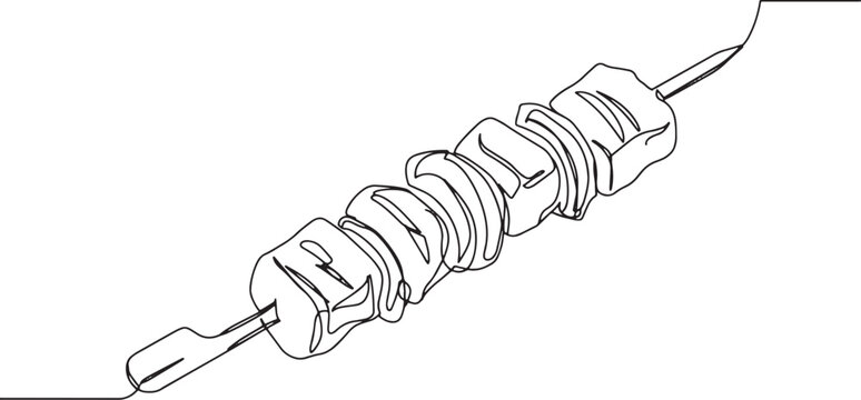 Minimalist continuous line art of a delicious, grilled meat skew