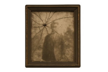 Vintage portrait frame with broken glass and faded sepia image, symbolizing lost memories and past