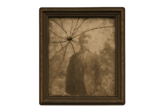 Vintage portrait frame with broken glass and faded sepia image, symbolizing lost memories and past