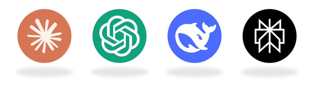 Claude, Perplexity, ChatGPT, DeepSeek, social media logo icon set, round circle button style with soft shadow and transparent PNG background, modern minimal glossy vector design for branding.