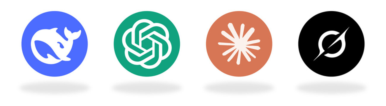 Claude, Grok, ChatGPT, DeepSeek, social media logo icon set, round circle button style with soft shadow and transparent PNG background, modern minimal glossy vector design for branding.