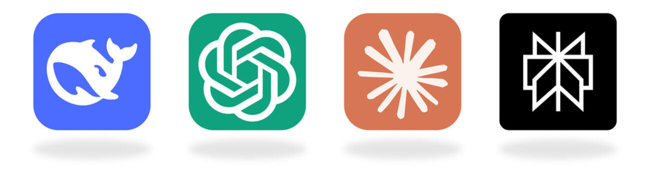 Claude, Perplexity, ChatGPT, DeepSeek, social media logo icon set,  square button style with realistic shadow, modern glossy flat vector design, transparent PNG background for branding.