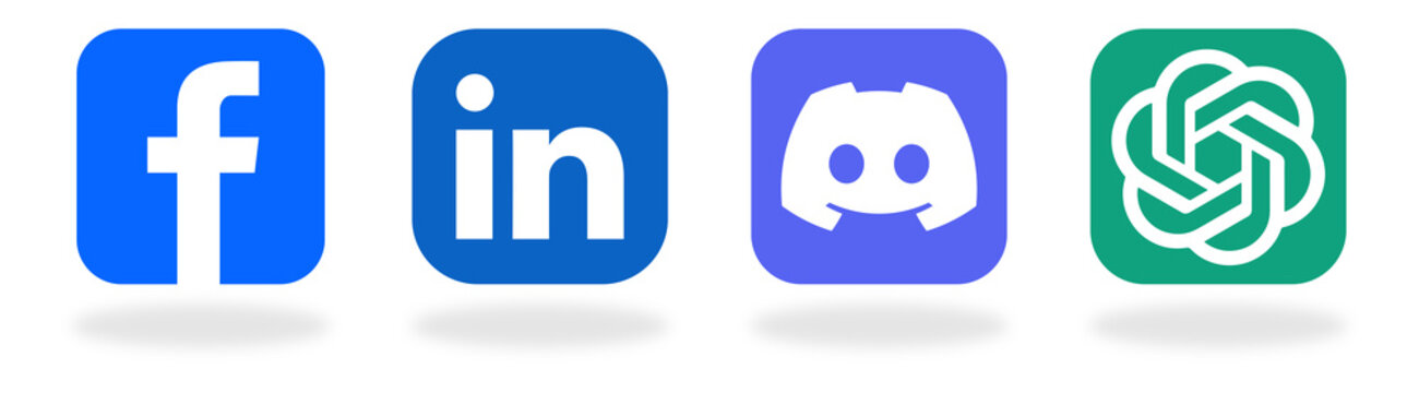 ChatGPT, Facebook, LinkedIn, Discord, social media logo icon set,  square button style with realistic shadow, modern glossy flat vector design, transparent PNG background for branding.