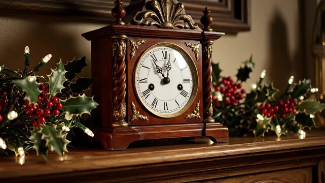 Ornate Wooden Clock Showing Almost Twelve Surrounded by Holiday Decorations on Wood Surface in Dim Lighting
