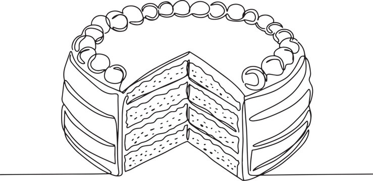 Minimalist Line Art Depicting a Luscious Layered Cake with a Sli