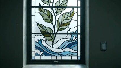 Stained Glass Window with Floral and Wave Design in a Dimly Lit Room Near Switch - Powered by Adobe