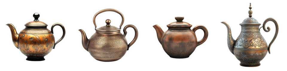 Tea pot – A vessel used to brew and serve tea, typically with a spout and a handle. Isolated on Clear White Background Highly Detailed