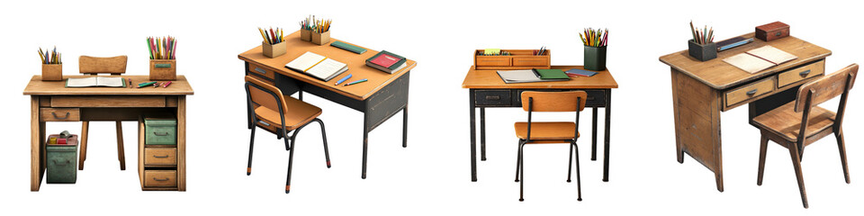 Teacher's desk – A desk where the teacher sits in the classroom, often equipped with supplies and teaching materials. Isolated on Clear White Background Highly Detailed