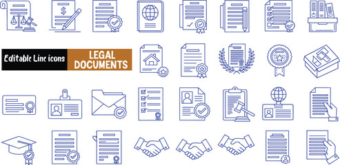 Legal Documents and Forms A Collection of Blue Line Icons for Business and Law