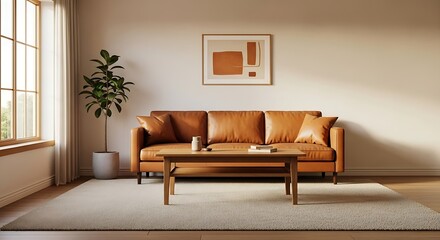 Serene Mid-Century Modern Living Room with Warm Leather Sofa and Natural Light.