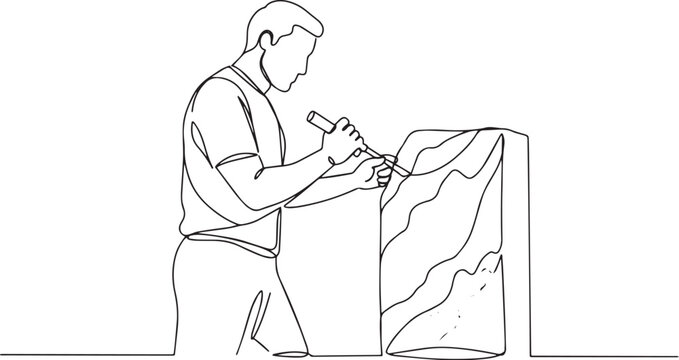 Continuous line drawing depicting an artisan sculpting stone wit