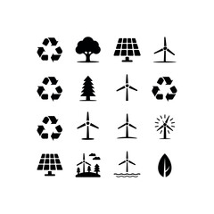Collection of black icons for renewable energy and recycling symbol wind turbine