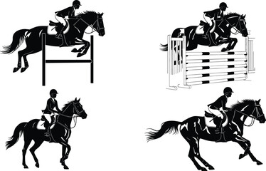 Equestrian show jumping silhouettes, flat vector illustration with multiple dynamic poses, ideal for horse riding, sports, and competition design projects.