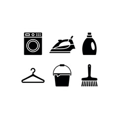 Black icons of laundry and cleaning items on white background washing machine iron