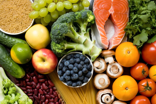 Different products as background, top view. Healthy food and balanced diet