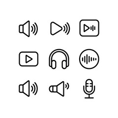 Collection of black outline icons for audio and video playback sound volume