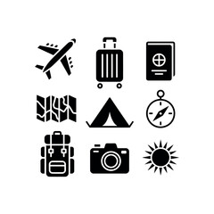 Black travel icons airplane suitcase passport map tent compass backpack camera sun aircraft journey