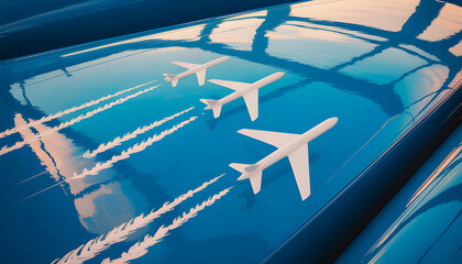 White silhouettes of jet planes with curved contrails are painted on a shiny blue metal surface reflecting light and shadows suggesting a theme of flight and aviation history