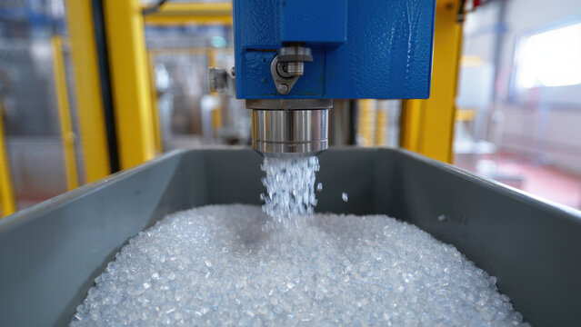 Plastic granules falling from industrial extruder into container. Polymer processing, plastic production, granulation machine, raw material manufacturing, factory equipment, industry workflow