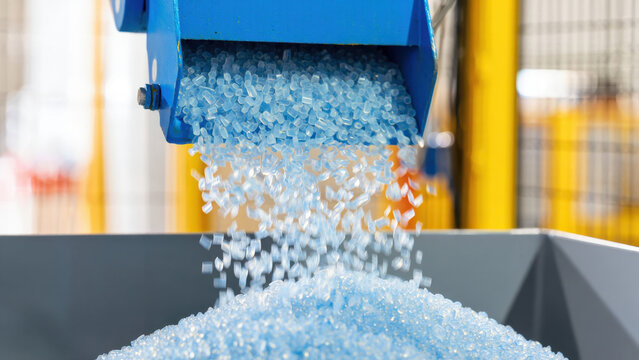 Plastic granules pouring from industrial hopper, manufacturing process, blue polymer, production facility, plastic industry, raw materials, extrusion, recycling, material processing, engineering