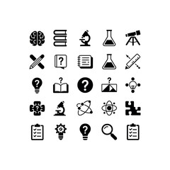 Collection of science education and research icons in black brain