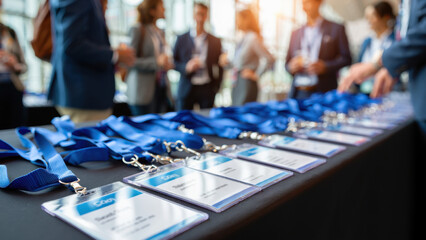Conference badges with blue lanyards on table, business networking event, professional gathering, name tags, corporate meeting, attendee identification, registration desk, group conversation