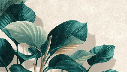 Fototapete Badezimmer Large tropical leaves in teal and cream tones on a beige backdrop  © capylines