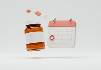 Pill bottle and calendar for medication reminder and health schedule.