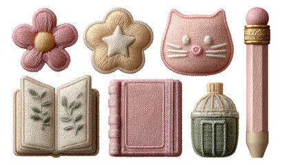 Colorful Embroidered Icons of Flowers, Shapes, Cat, and Stationery on Transparent Background