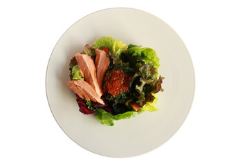 A plate featuring a vibrant and healthy salad with salmon 
