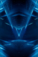 Wet asphalt, reflection of neon lights, a searchlight, smoke. Abstract light in a dark empty street with smoke, smog. Dark background scene of empty street, night view, night city.