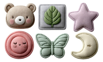 Cute and Colorful Plush Shapes with Bear, Leaf, Star, Moon, Butterfly and Face