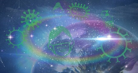 Fototapeta premium Floating green face wearing surgical mask in cosmic starfield, with ring, virus and sanitizer icons