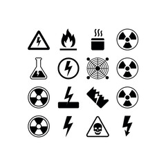 Collection of black hazard warning symbols on white background danger icon