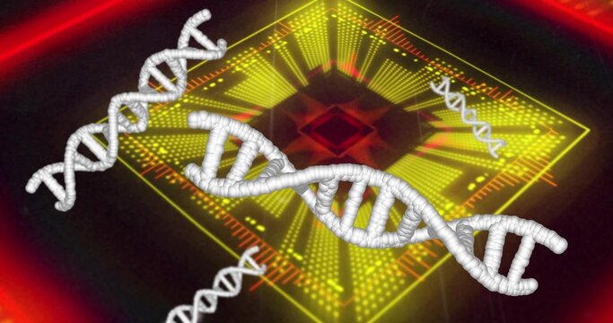 Floating white DNA double helix drifting at chip panel, with glowing data lines and red border