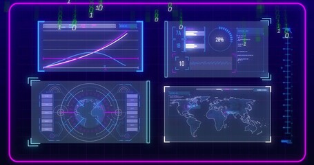 Displaying holographic interface floating in console, with line graph, binary digits and neon frame
