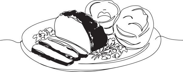 Minimalist line art depiction of roast beef with Yorkshire puddi