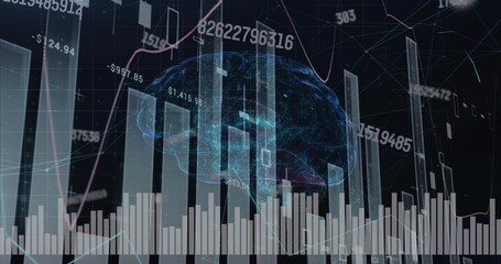 Projecting holographic brain in data visualization, with bar chart, line graph, numeric labels